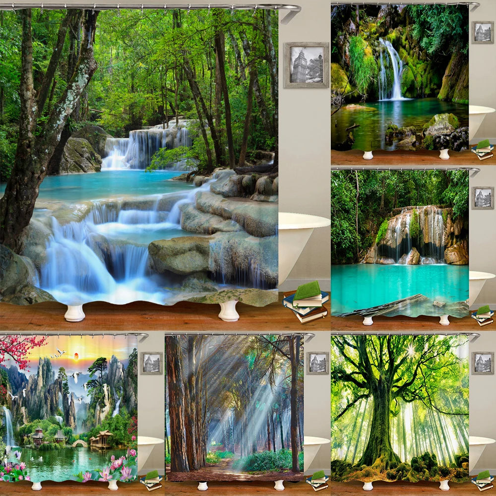 Tende da doccia a cascata con foresta verde stampa 3d Tenda da bagno impermeabile con ganci Tenda da bagno 180 * 200 Tessuto in poliestere