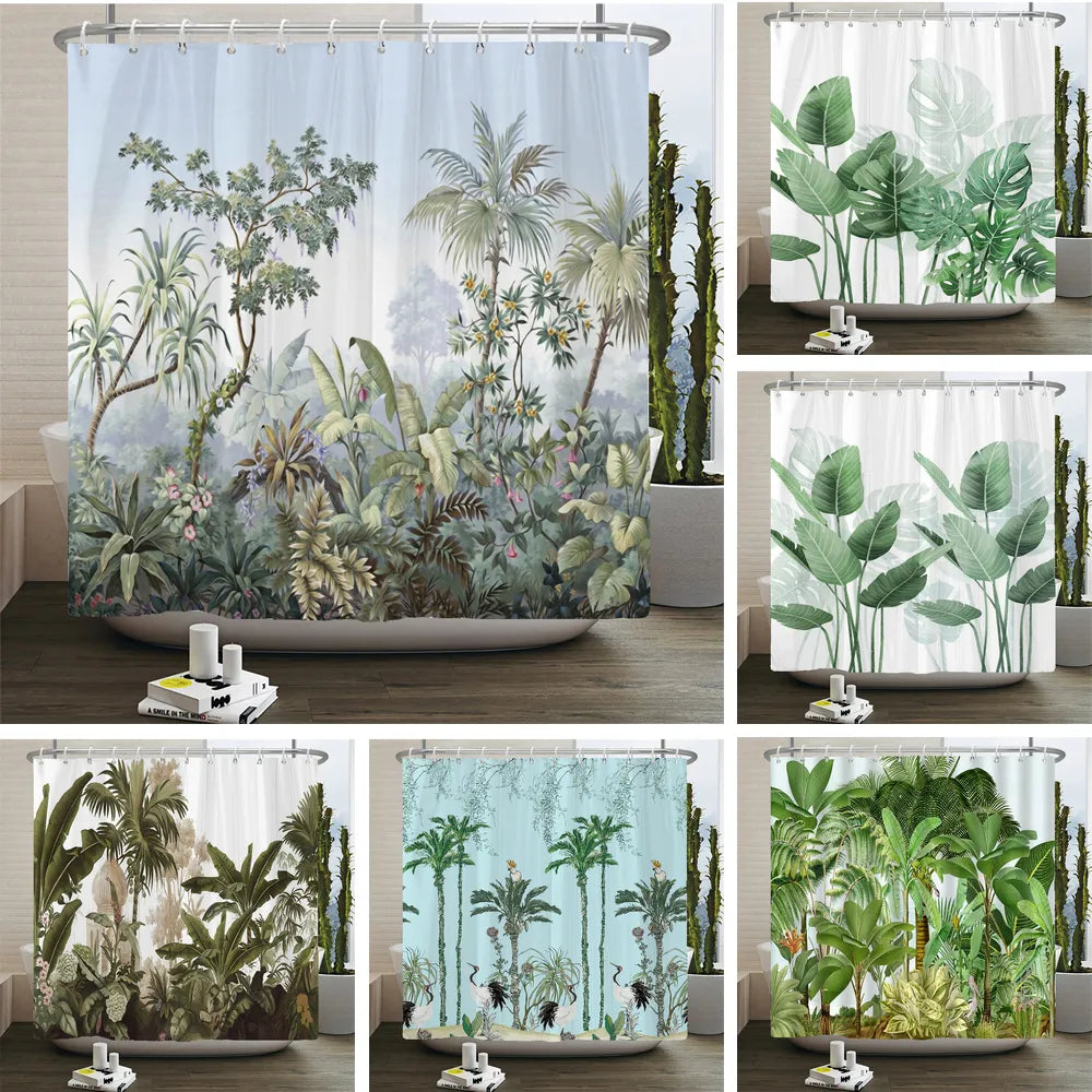 Cortinas de baño de flores, pájaros y plantas europeas, cortina de ducha impermeable, decoración de baño con impresión 3D con gancho, mampara de baño