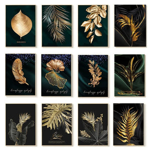 Black Poster Wall Art Canvas Painting Gold Leaves Paintings Home Decors Living Room Decoration Sofa Background Wall Decor