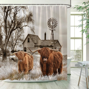 Highland Cattle Duschvorhänge, Holzzaun, rustikaler Bauernhof, braune Kuh, Badevorhang-Set, Polyesterstoff, Badezimmer-Dekor mit Haken