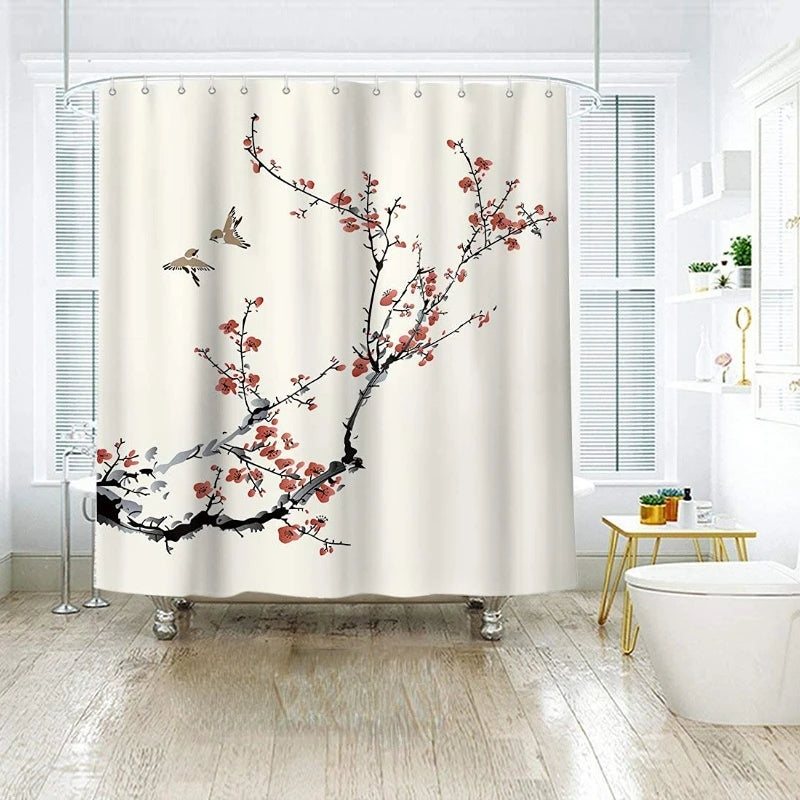 Retro Flowers Bird Shower Curtain Pink Cherry Blossom Waterproof Polyester Fabric Home Decoration Bathroom Accessor Bath Curtain