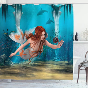 Cortina de ducha de sirena con cola de pez para niñas y niños, conjunto de decoración para el baño con dibujos de corazón de océano, pelo morado colorido, tela impermeable