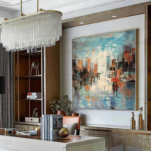 Abstract City Streetscape Wall Art Oil Painting Handmade Canvas Poster Modern Home Decor Picture for Parlor Bedroom Restaurant