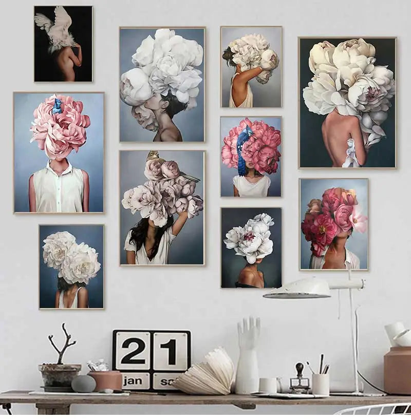 Pintura decorativa para sala de estar, decoración del hogar, flores, plumas, mujer, lienzo abstracto, pintura, arte de pared, póster impreso, imagen