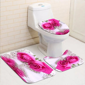 Pink Waterproof Bathroom Shower Curtain Flower Bath Curtain Sets Toilet Cover Non-Slip Mat Rug Carpet Set Home Decor Accessories