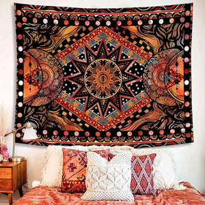 Orange Sun and Moon Tapestry Wall Hanging Indie Hippie Mandala Cool Wall Tapestries Aesthetic Tapestry for Bedroom Living Room