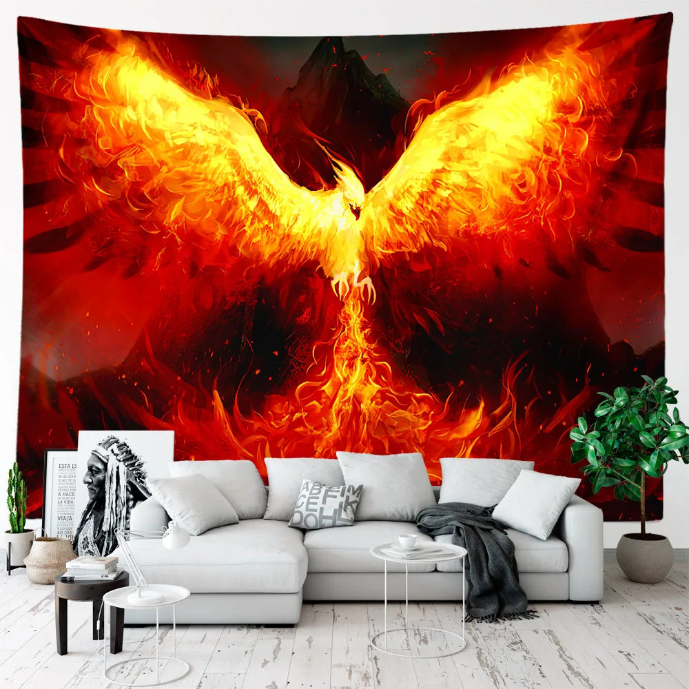 Tapiz de Fénix de fuego para colgar en la pared, decoración de habitación, arte de pájaro volador con llamas, tapiz estético de tela grande, decoración para dormitorio y hogar