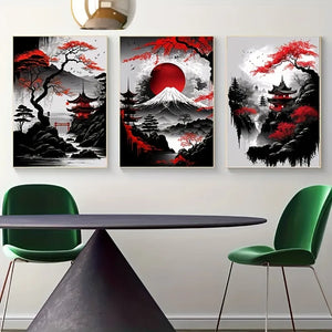 Pintura en lienzo de paisaje Natural japonés sin marco, carteles negros y rojos, impresiones artísticas de tinta Vintage para pared para sala de estar y hogar, 3 uds.