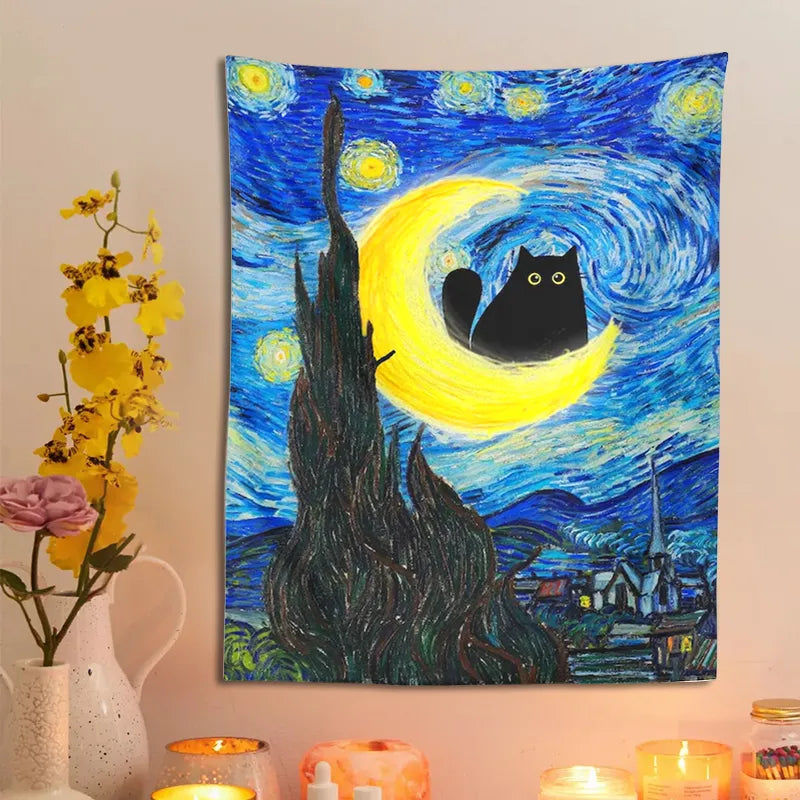 Tapiz de gato de la noche estrellada de Van Gogh, arte de Luna y gato, manta con estampado de gato divertido, regalo bohemio, decoración para el hogar, colgante de pared