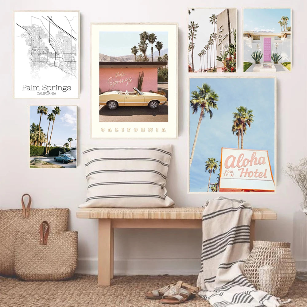 Impresiones artísticas de puerta rosa de hoja de palma, póster de resortes, cuadro sobre lienzo para pared de viaje Tropical, imagen de tonos Pastel, decoración para sala de estar