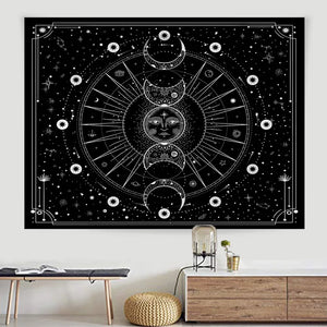 Tapiz colgante de pared con fase de Mandala, Luna, sol, blanco y negro, tapices negros de luz de luna, decoración de pared de habitación Bohemia, decoración del hogar