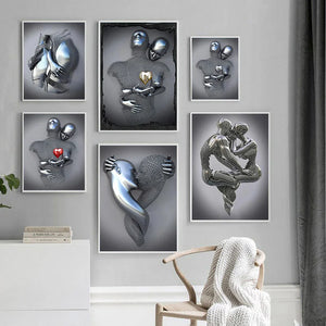 Metal Figure Statue Romantic Wall Art Abstract Canvas Painting Lovers Sculpture Posters Prints Pictures Living Room Home Decor