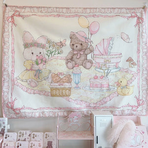 anime Cute bear Background Cloth Room Decor Kawaii Pink Tapestry Teen Room Decor Posters and Prints Garden Posters for Outside