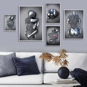 Metal Figure Statue Romantic Wall Art Abstract Canvas Painting Lovers Sculpture Posters Prints Pictures Living Room Home Decor