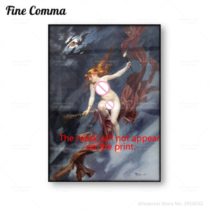 Póster Artístico impreso en lienzo de decoración de pared de The Witches Sabbath Witchy, cuadro artístico Vintage de bruja voladora, pintura antigua de murciélago Wicca Wiccan