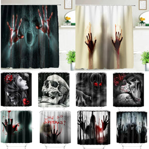Cortina de ducha de Halloween con estampado de manos sangrientas y terror en 3D, impermeable, 12 ganchos, para baño
