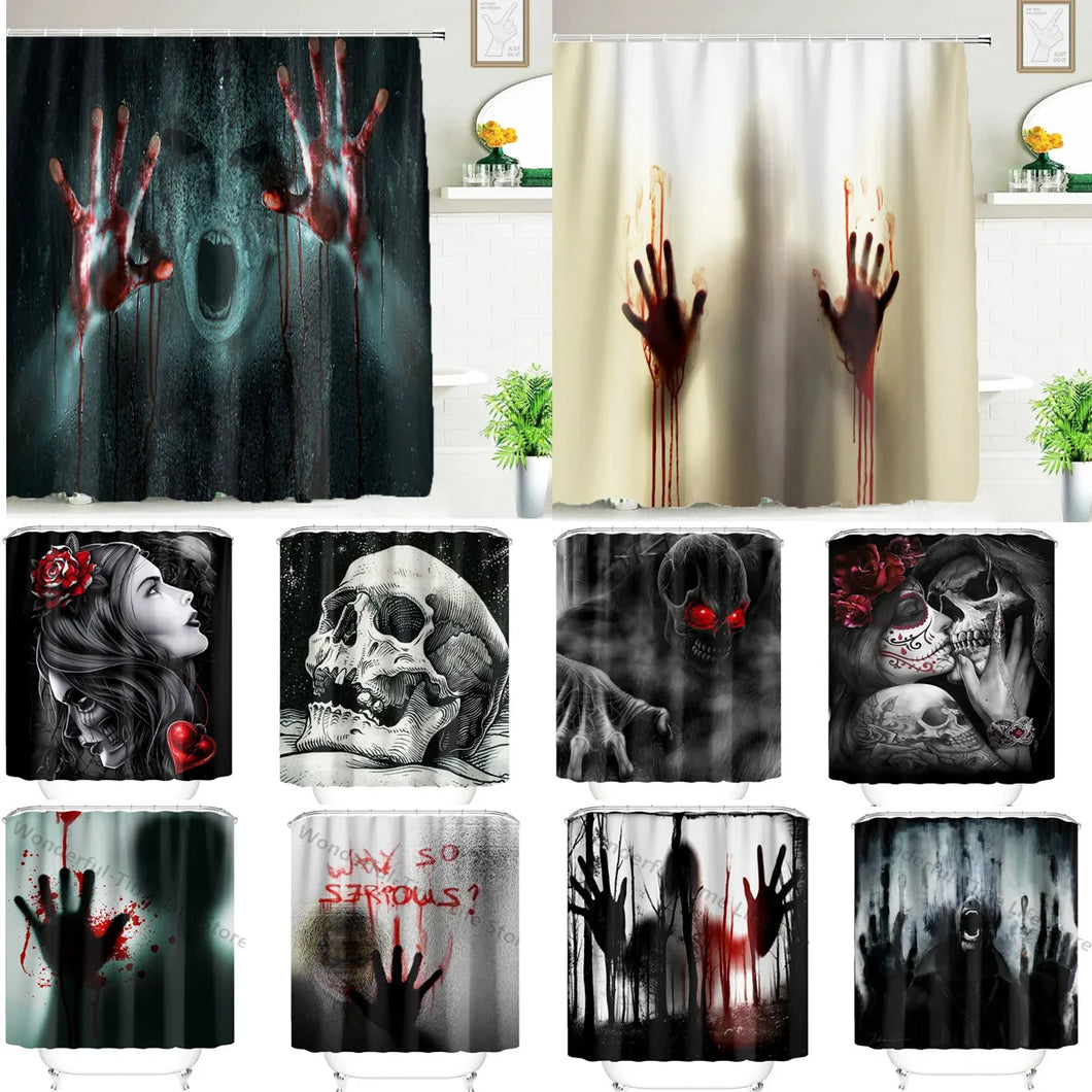Badezimmer Gruseliger 3D Horror Blutiger Halloween Duschvorhang Fenster Horror Blutige Hände Druck Wasserdichter 12 Haken Badezimmer Vorhang