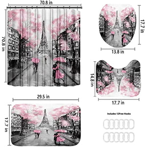 4Pcs Paris Eiffel Tower Pink Shower Curtain Sets with Non-Slip Rugs Bath U-Shaped Mat Toilet Lid Cover Valentine Bathroom Decor