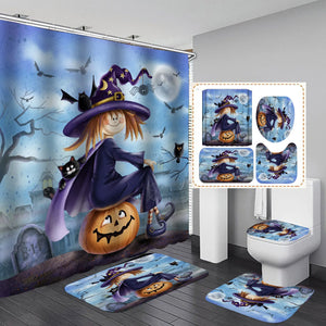 Funny Skull Skeleton Print Shower Curtain Set Halloween Festival Home Decor Bath Mat Toilet Lid Cover Flannel Bathroom Carpet