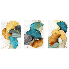 Blue Green Yellow Gold Leaf Plant Flower Canvas Poster Abstract Painting Wall Art Print Living Room Decoration