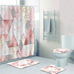 Roségoldenes, rosafarbenes und graues Marmor-Duschvorhang-Set für Badezimmervorhänge, geometrische sechseckige Badematten, Teppiche, WC-Vorhänge