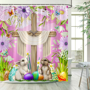 Ostern Duschvorhänge Lustige Kaninchen Ei Lila Blumen Pflanzen Schmetterling Hase Bad Vorhang Polyester Stoff Badezimmer Dekor Haken