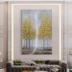 Golden Art Decorative Painting Canvas Oil Painting Handmade Fortune Trees Image Living Room Bedroom Porch Wall Aesthetic Mural