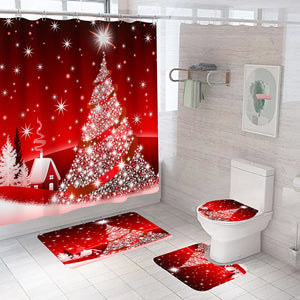 Рождественская елка Набор для ванной комнаты Набор занавесок для душа Водонепроницаемые противоскользящие коврики Санта-Клауса Крышка для унитаза Набор штор для ванной с крючками
