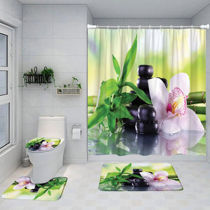 Zen-Duschvorhang-Set, lila Orchidee, schwarzer Stein, grüner Bambus, Gartenlandschaft, Badezimmer-Dekor, rutschfester Teppich, Badematten, Toilettenbezug