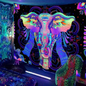 Tapisserie d'éléphant de Mandala fluorescente réactive aux UV, Hippie, crâne psychédélique, ciel étoilé, tissu mural suspendu, décoration de chambre de maison bohème