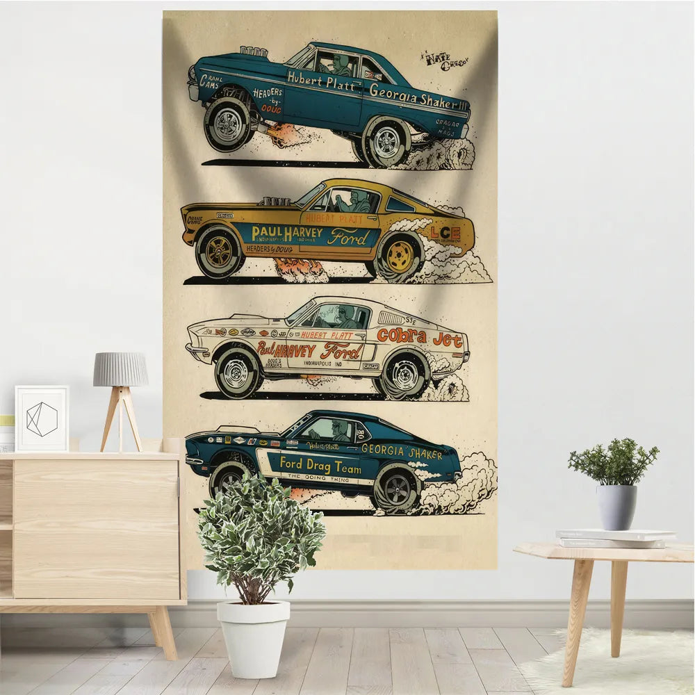 Vintage coche deportivo Hot Wheels tapiz Banner Mustang Dodge arte fresco dormitorio de estudiantes garaje Club decoración de pared