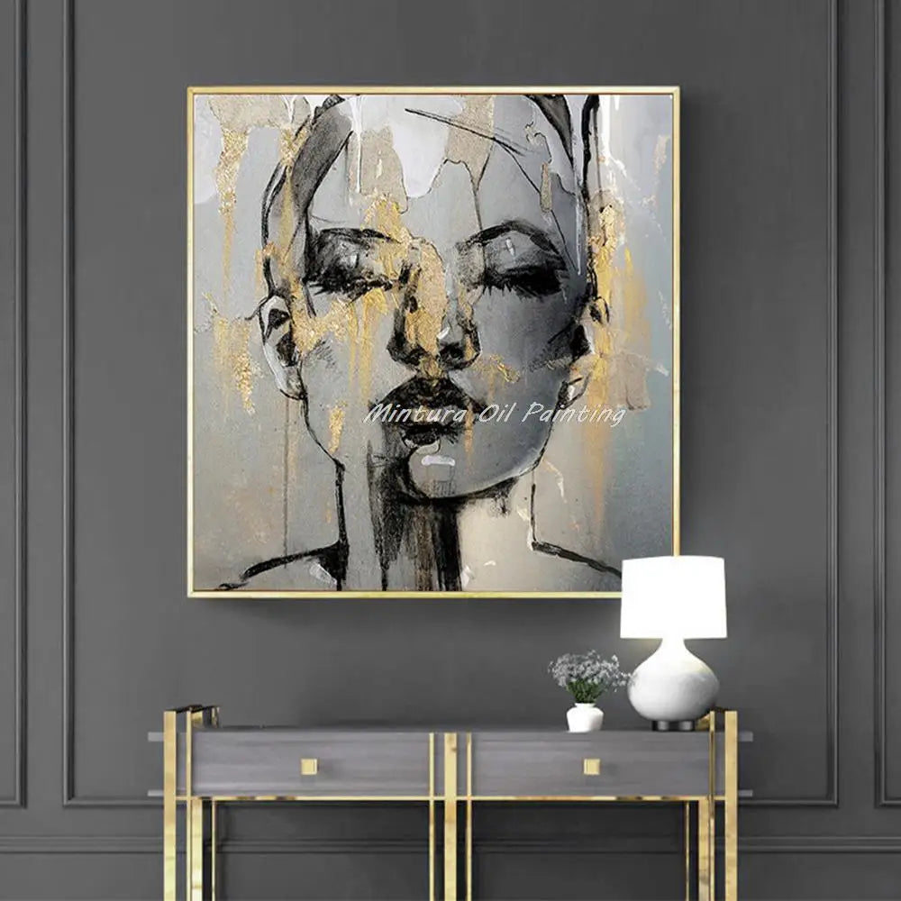 Mintura Handmade Texture Gold Women Face Oil Paintings on Canva Modern Abstract Wall Art,Picture for Living Room,Home Decoration