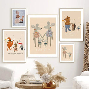 Affiche de danse de famille de souris, lapin, renard, hérisson, peinture sur toile imprimée d'art mural nordique, images Boho pour décor de chambre de bébé