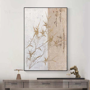 Chinese Decorative Oil Painting Handmade Gold Foil Bamboo Wall Art Canvas Poster for Study Dining Room Porch Bedroom Hotel Mural