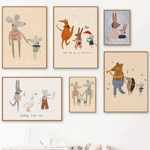 Affiche de danse de famille de souris, lapin, renard, hérisson, peinture sur toile imprimée d'art mural nordique, images Boho pour décor de chambre de bébé