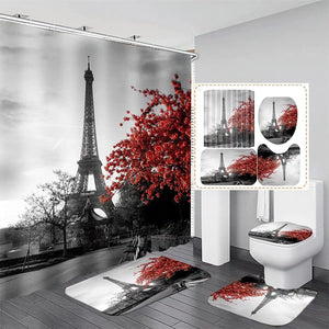 4Pcs Paris Eiffel Tower Pink Shower Curtain Sets with Non-Slip Rugs Bath U-Shaped Mat Toilet Lid Cover Valentine Bathroom Decor