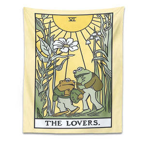 Psychedelischer Frosch-Tarot-Wandteppich, Wandbehang, die Liebende, Sonnenblume, ästhetische Wandteppiche, botanische Hippie-Heimdekoration, Wandtuch