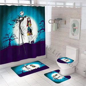 Happy Halloween Zombie Coppia Mago Simpatico cartone animato Set da 4 pezzi Tenda da doccia Tenda da bagno impermeabile in tessuto con 12 ganci