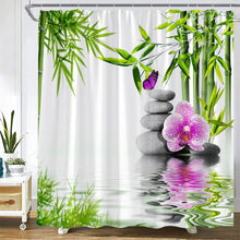 Charger l&#39;image dans la galerie, Rideaux de douche en bambou vert Zen, orchidée violette, papillon, fleurs, plantes, pierre noire, Spa, paysage naturel, ensemble de décoration de salle de bains en tissu