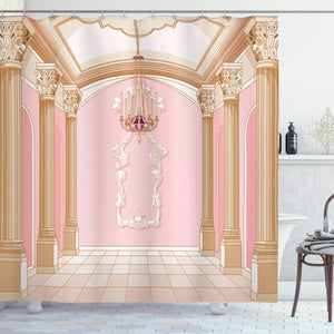 Rosa-goldener Duschvorhang, Prinzessinnen-Schloss, gepunktete Badezimmer-Badevorhänge, wasserdicht, langlebig, Mädchen-Badewannenständer, Klauenfuß-Badewannen-Dekor