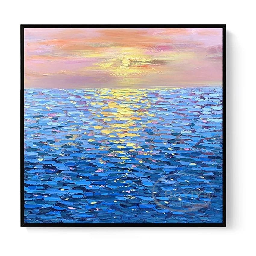 Blue Sea Sunset   Handmade Oil Painting  Abstract  Painting Home  Decoration  For  Bedroom Restaurant Living Room Mural Painting