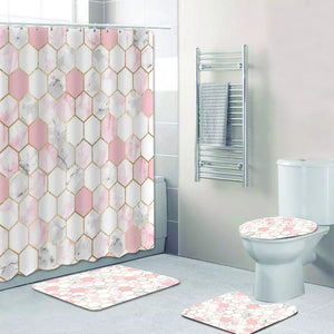 Roségoldenes, rosafarbenes und graues Marmor-Duschvorhang-Set für Badezimmervorhänge, geometrische sechseckige Badematten, Teppiche, WC-Vorhänge