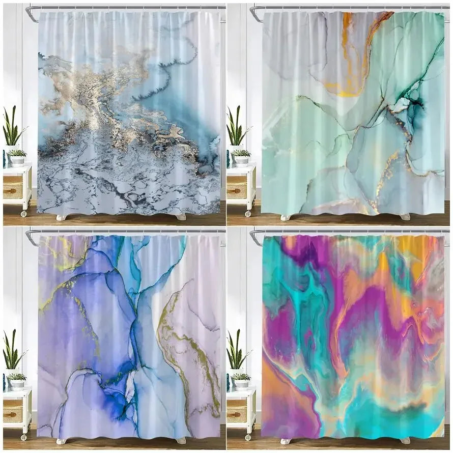 Cortinas de ducha de mármol abstracto, diseño geométrico creativo, cortina de baño con estampado de acuarela azul y morado, decoración de baño de tela moderna