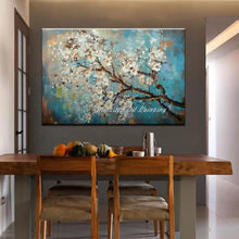 Cargar imagen en el visor de la galería, Pintado a mano textura gruesa árbol de flores azul pintura al óleo moderna sobre lienzo, carteles de arte Pop imagen de pared sala de estar, decoración del hogar