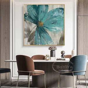 Nordic Modern Abstract Large Blue Flowers Pure Handmade Oil Painting For Home Decoration  Bedroom  Dining Room Living Room Mural