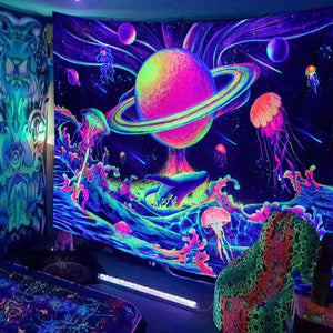 Tapisserie d'éléphant de Mandala fluorescente réactive aux UV, Hippie, crâne psychédélique, ciel étoilé, tissu mural suspendu, décoration de chambre de maison bohème