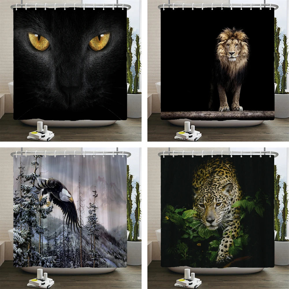 Cortinas de baño con estampado de animales, León, Tigre, gato, elefante, 3d, tela de poliéster impermeable, cortina de ducha de baño lavable con gancho