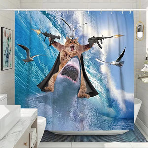 Cortina de ducha divertida, lindo gato marino, montar, tiburón, ballena, animales de dibujos animados, creatividad, decoración de baño para niños, ganchos de tela de poliéster