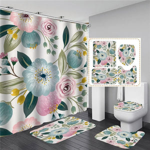 Conjunto de cortina de ducha con estampado elegante de flores rosas, impermeable, para mujer, baño, alfombra con Pedestal, tapa, alfombra, cortina de ducha