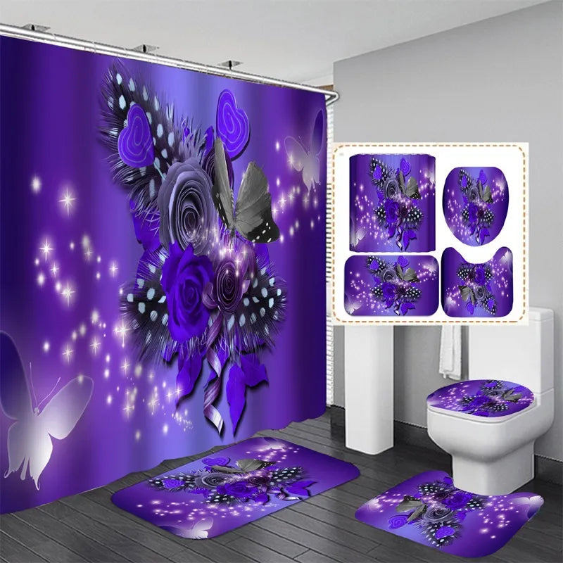 Cortina de ducha con estampado de mariposas y flores moradas para el hogar, cubierta de alfombra de 4 piezas, cubierta de inodoro, juego de alfombrillas para baño, cortina de baño